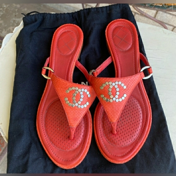 CHANEL ORANGE/CORAL 🪸 SANDALS WITH CC Gunmetal  | 36 1/2 - Picture 1 of 7